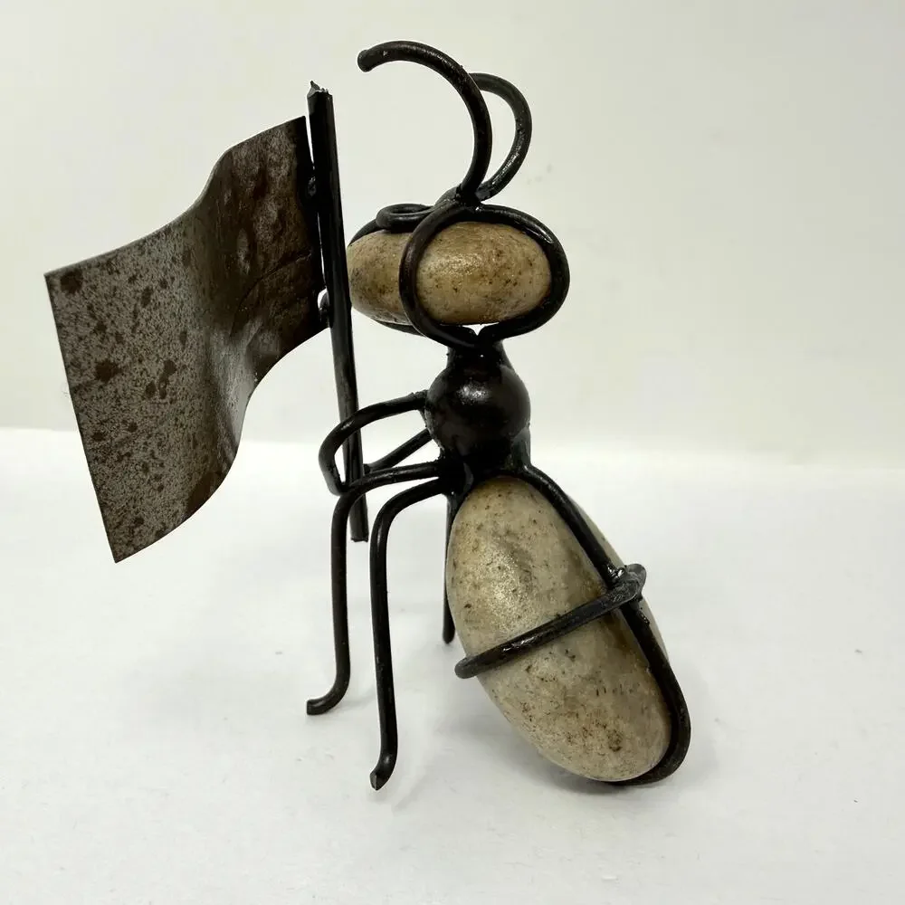 Vintage Metal Ant Sculpture Pebble Stone Folk Art Desk Decor Rustic Rare
